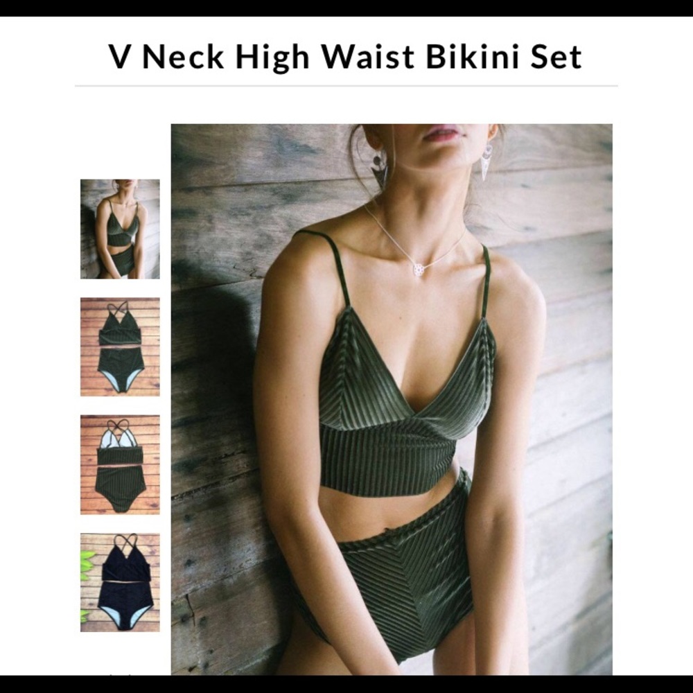 High waist v neck forest green velvet bikini swim